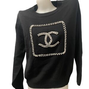 CHANEL Black Sweater with Pearl Logo